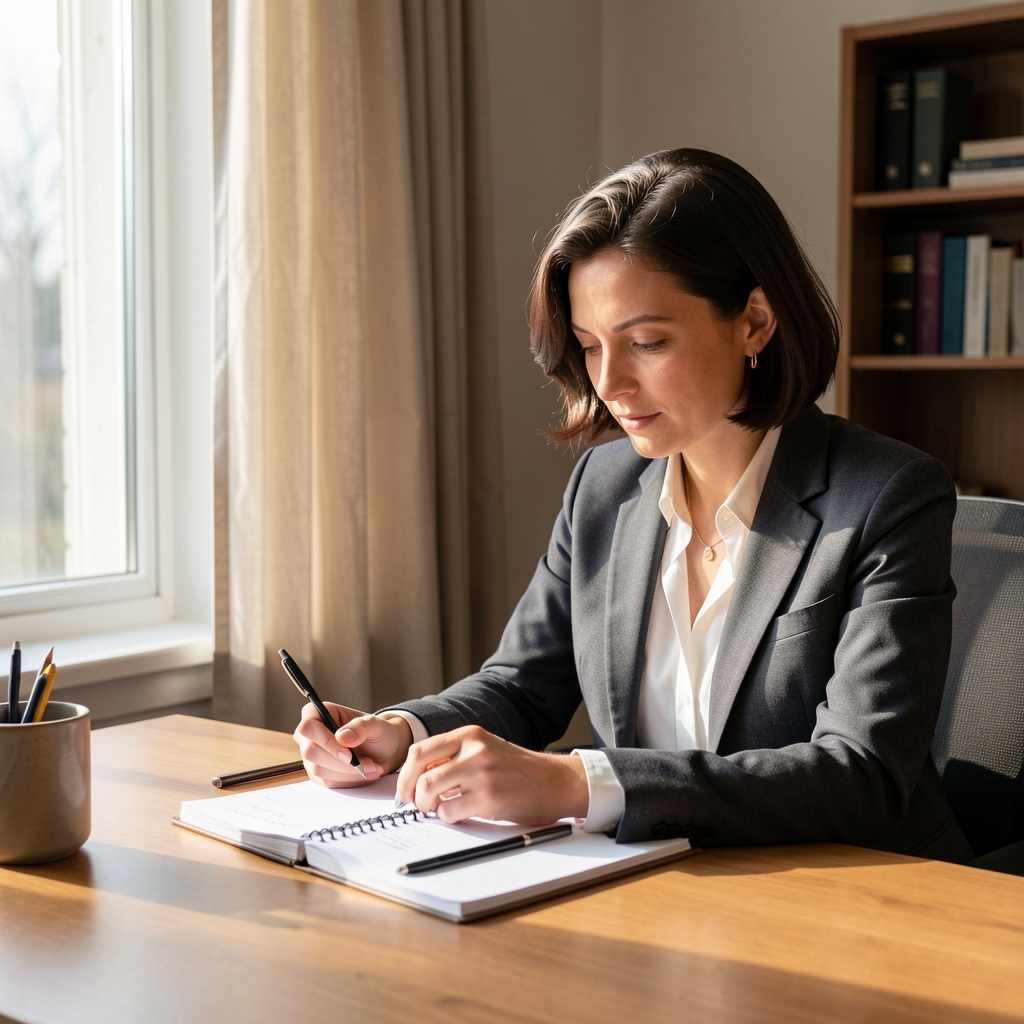 Editorial correspondent seated at a desk reviewing notes beside a window, morning light through curtains, quiet workspace atmosphere