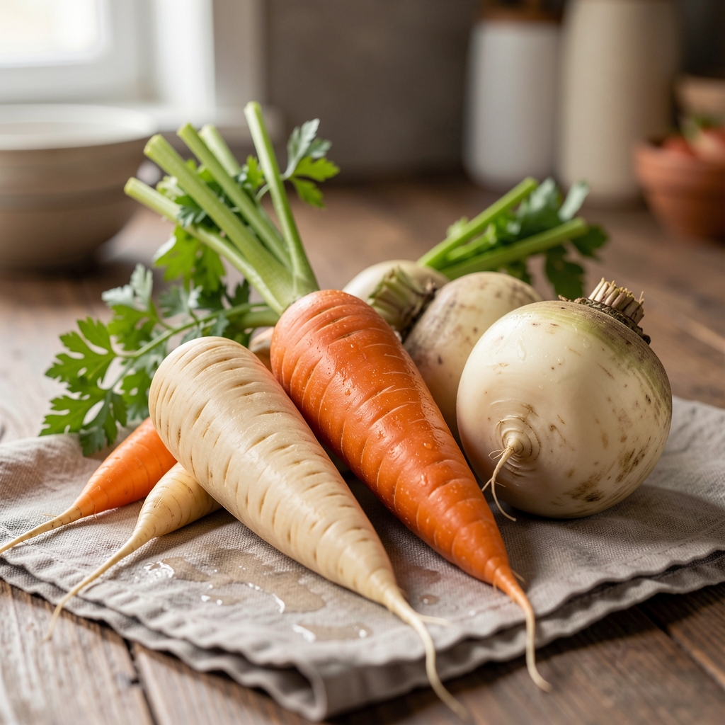 Close-up of freshly washed root vegetables — parsnips, carrots, and turnips — resting on a damp linen cloth under studio lighting in a kitchen