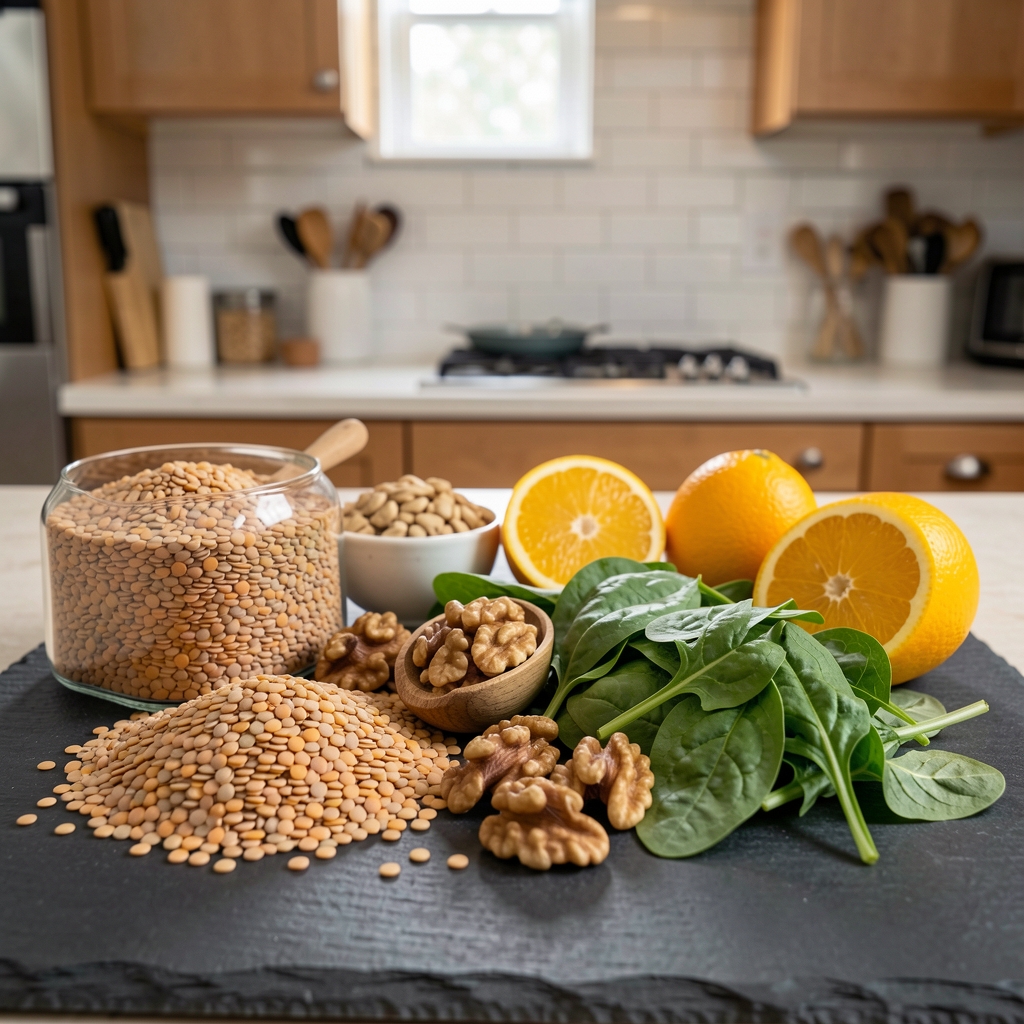 Colourful array of whole food ingredients — dried lentils, farro, walnuts, leafy greens, and citrus — arranged on a dark slate surface in a home kitchen under overhead lighting