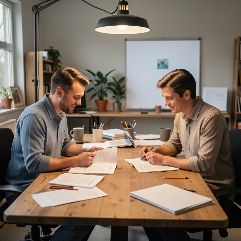 Two editors reviewing printed article pages at a wooden table under overhead studio lighting in a considered workspace